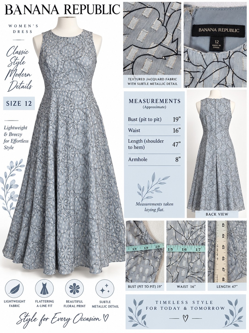 Banana Republic Sleeveless Floral Jacquard A-Line Dress in Light Blue - Size 12